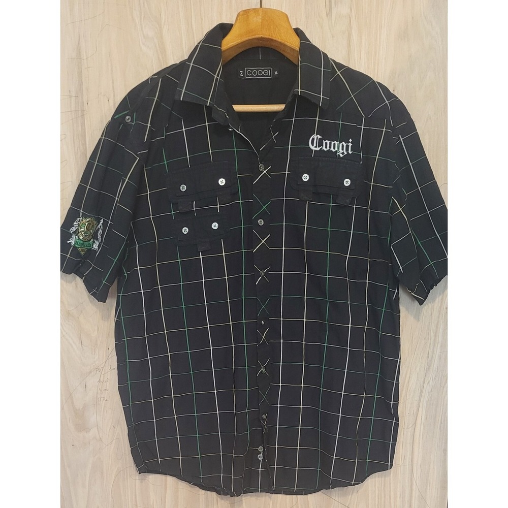 Coogi Mens XXL Short Sleeve Button Up Shirt Black Grid Plaid Western Yoke Crest